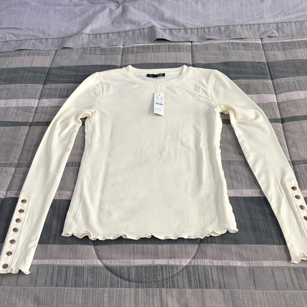 J. Crew Refined Rib T-Shirt with Button Cuffs in Ivory size XXS